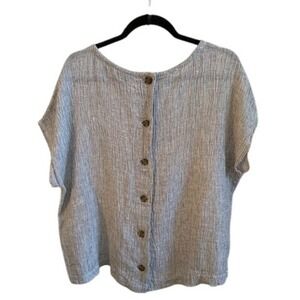TAHARI Linen Blend Crinkle Texture Button Back Boxy Top Shirt Womens Medium Gray
